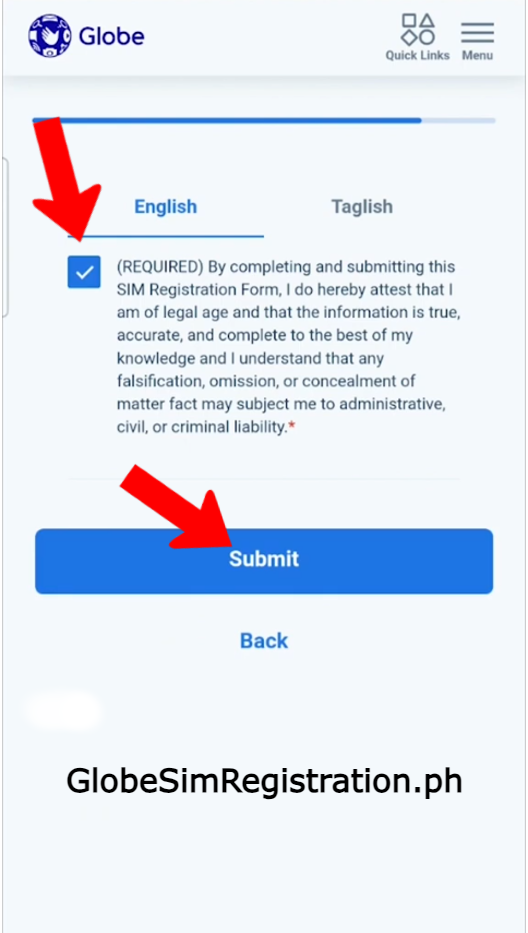 Glob Sim Registration, Click Box and Click Submit