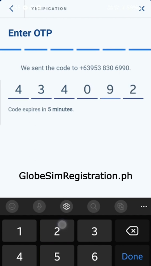 Glob Sim Registration, Enter OTP Code