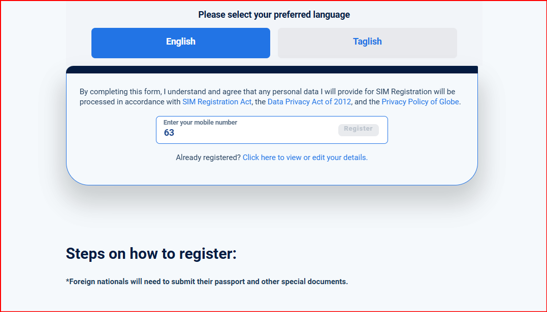 Globe Sim Registration